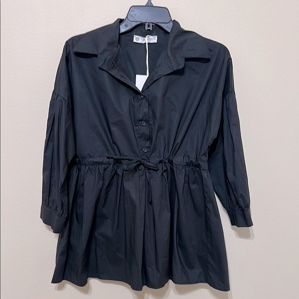 Collared Drawstring Waist Tunic Top Mini‎ Dress - Long Sleeve Shirt